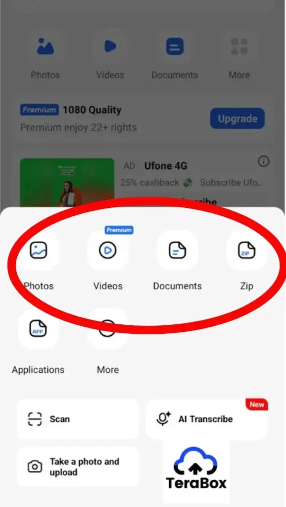 TeraBox basic version without video and folder upload; premium feature included