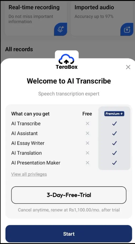 TeraBox MOD APK (v3.41.7 Premium Unlocked, No Ads 2025) 45 TeraBox Android app with AI tools like Transcribe, Essay Writer, and Smart Paraphraser on screen