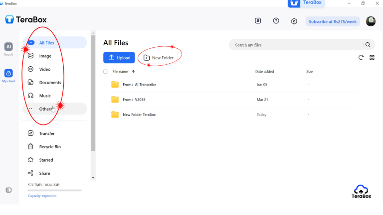TeraBox side menu with folder options and upload to new folder feature