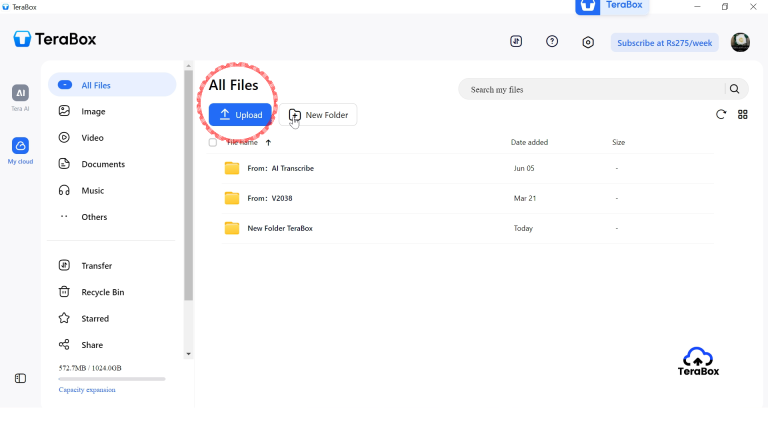 TeraBox screen with upload button ready to be clicked