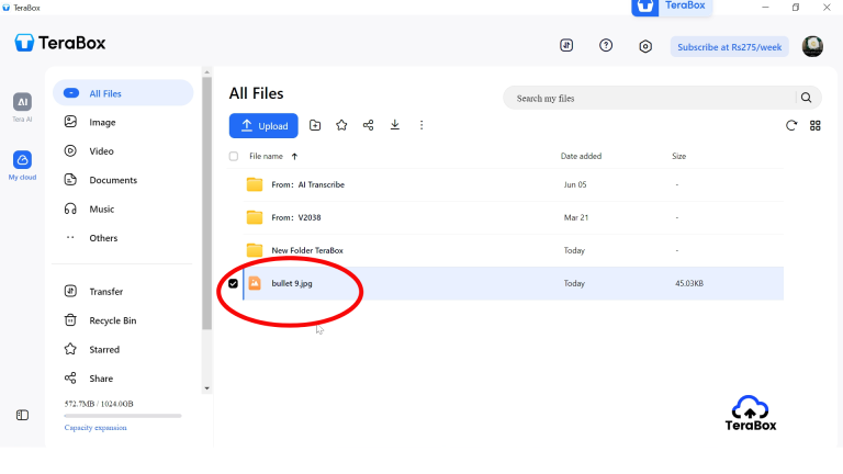File uploading to the selected TeraBox folder
