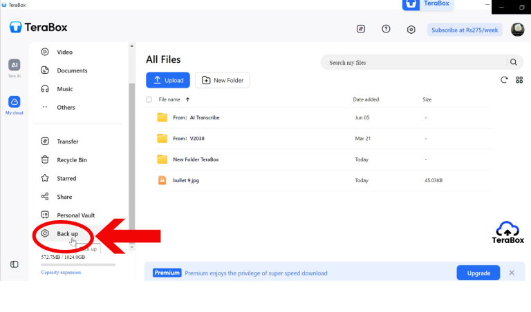 TeraBox PC app with backup option in bottom left corner