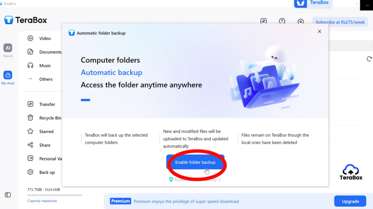 TeraBox screen with 'Enable Folder Backup' option highlighted