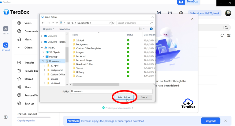 TeraBox screen showing folder selection for backup