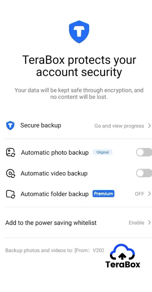 TeraBox screen showing automatic backup option