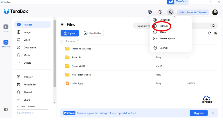 TeraBox screen showing settings option in list