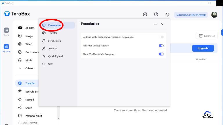 TeraBox screen with 'Foundation' button visible for next step