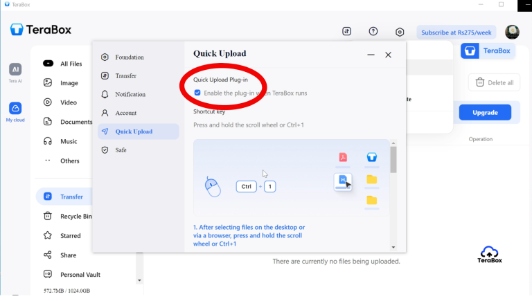 TeraBox settings screen with 'Quick Upload Plugin' toggle enabled