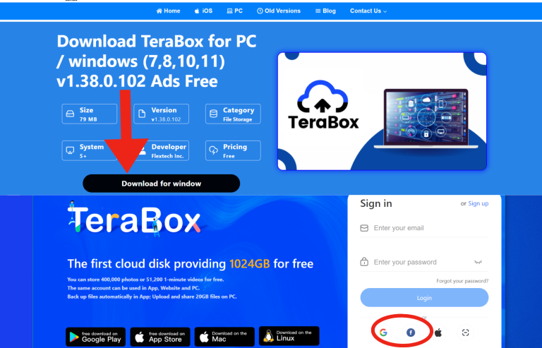 TeraBox web interface with download and sign-in options