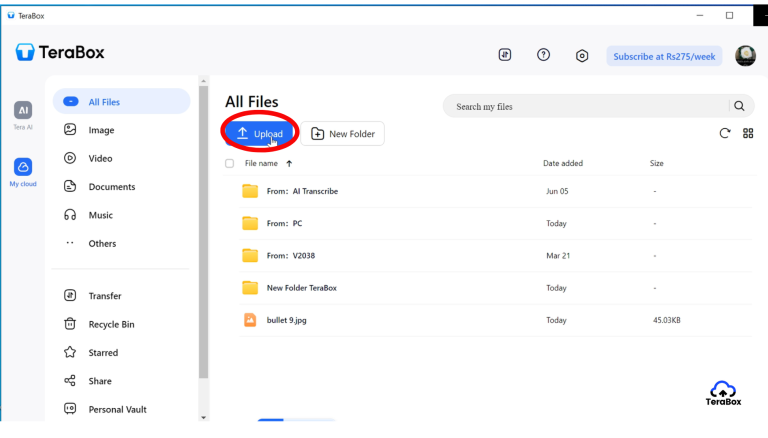 TeraBox web interface showing upload button for file upload