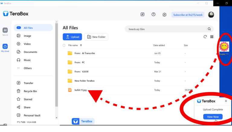 Drag and drop file onto TeraBox floating window to upload