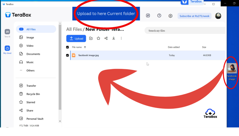 TeraBox web interface with folder selection and drag-and-drop file upload