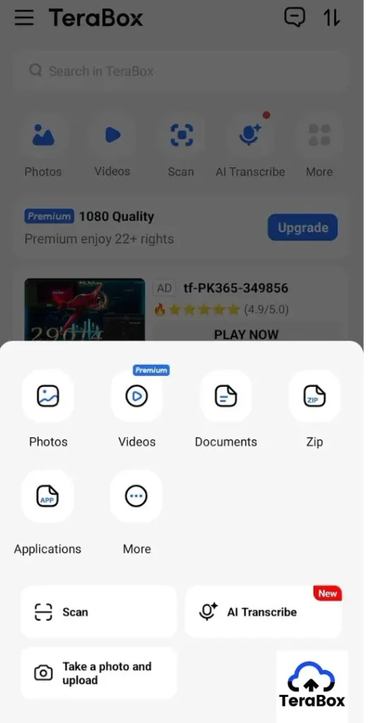 TeraBox screen showing file options: photo, video, document