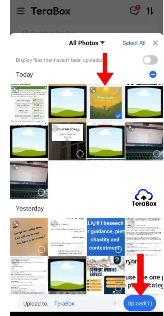 TeraBox app showing file selection with upload button