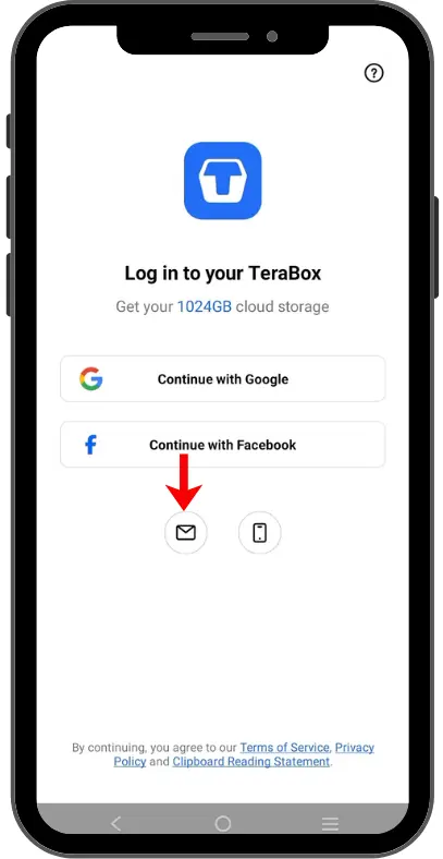 Login with email button in TeraBox