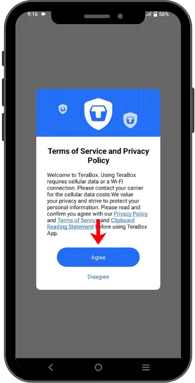 TeraBox Terms screen, tap Agree.