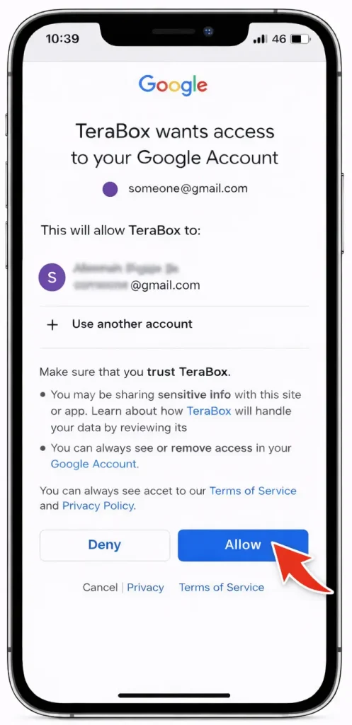 Granting TeraBox photo and account permissions.