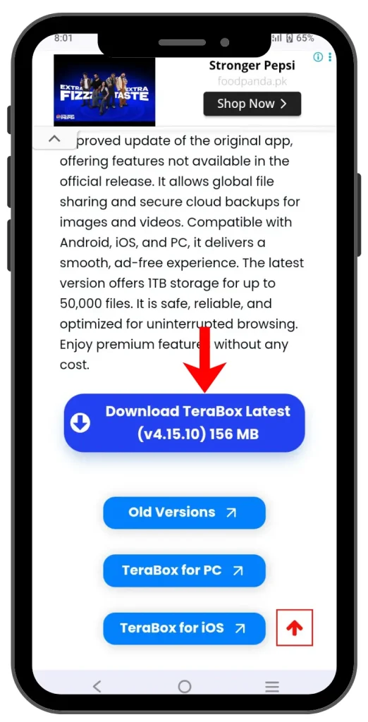 TeraBox MOD APK (v4.16.7 Premium Unlocked, No Ads 2026) 66 TeraBox Latest Version download button with file size