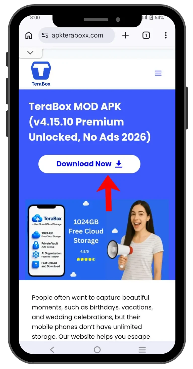 TeraBox MOD APK (v4.16.7 Premium Unlocked, No Ads 2026) 65 TeraBox MOD APK download now button interface