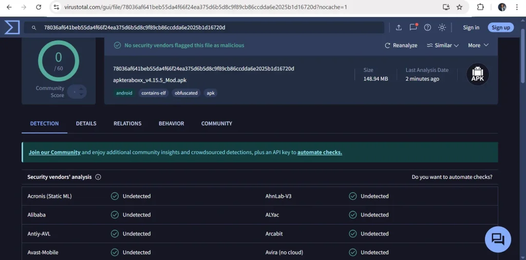 TeraBox Mod APK VirusTotal Security Scan