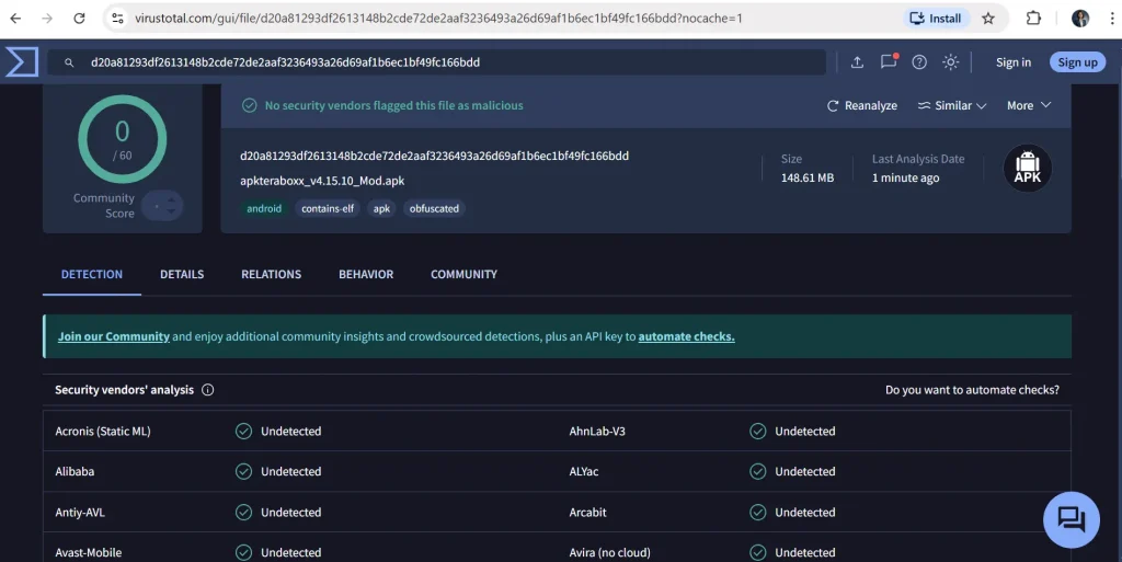 TeraBox Mod APK VirusTotal Security Scan