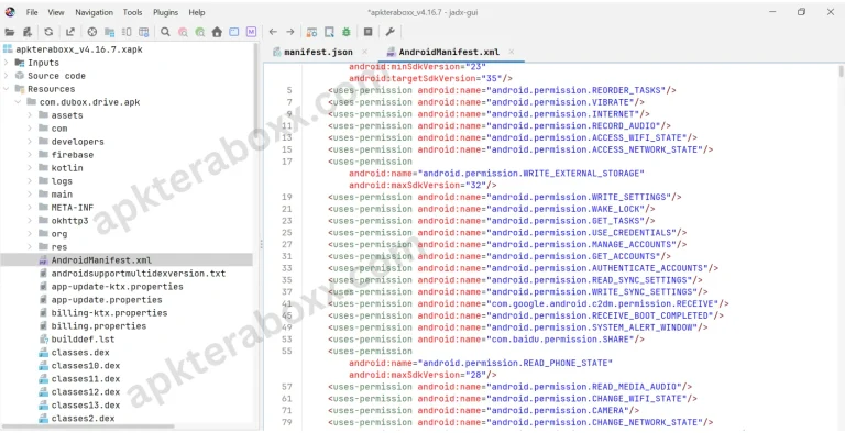 TeraBox MOD APK (v4.16.7 Premium Unlocked, No Ads 2026) 101 TeraBox v4.16.7 Permission Audit via JADX-GUI Manifest Analysis