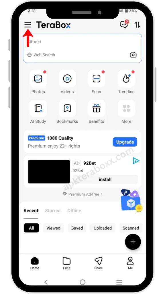 TeraBox MOD APK (v4.16.7 Premium Unlocked, No Ads 2026) 85 Click on the profile section at the top left corner of TeraBox